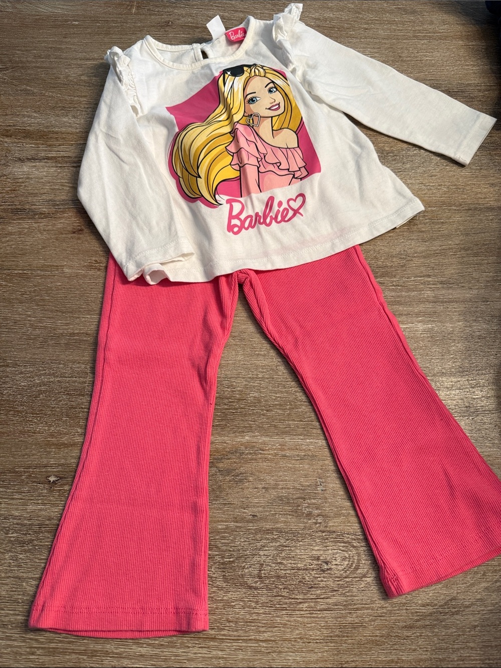 Barbie White Graphic Long-Sleeve Top with Hot Pink Ribbed Pants